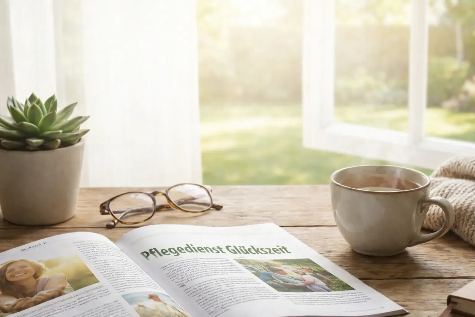 Aufgeschlagene Zeitschrift mit Glückszeit-Artikel, Brille und Tasse auf einem Tisch am Fenster