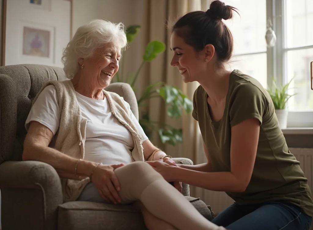 Pflegerin hilft einer Seniorin im Sessel beim Anziehen eines Kompressionsstrumpfs