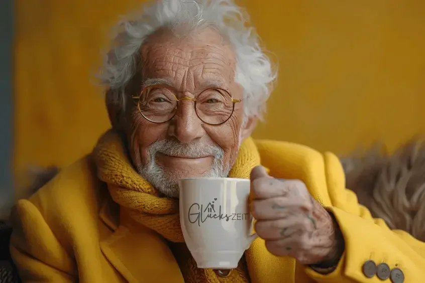 Lächelnder Senior mit Brille und gelbem Schal hält eine Tasse mit Glückszeit-Logo