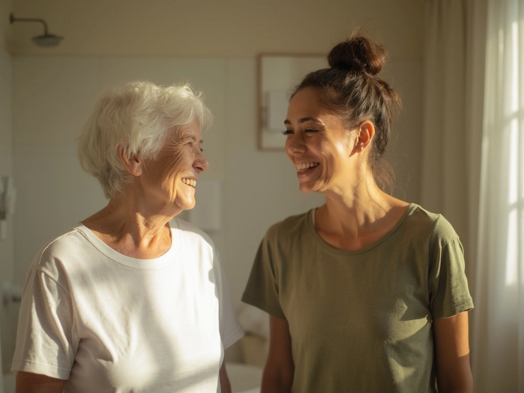 Seniorin und junge Pflegerin lachen sich in einem hellen Zimmer an