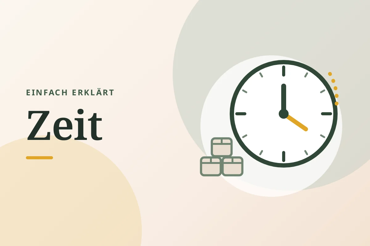 Grafik „Einfach erklärt: Zeit“: eine Uhr mit gelbem Zeiger neben drei kleinen Paketen