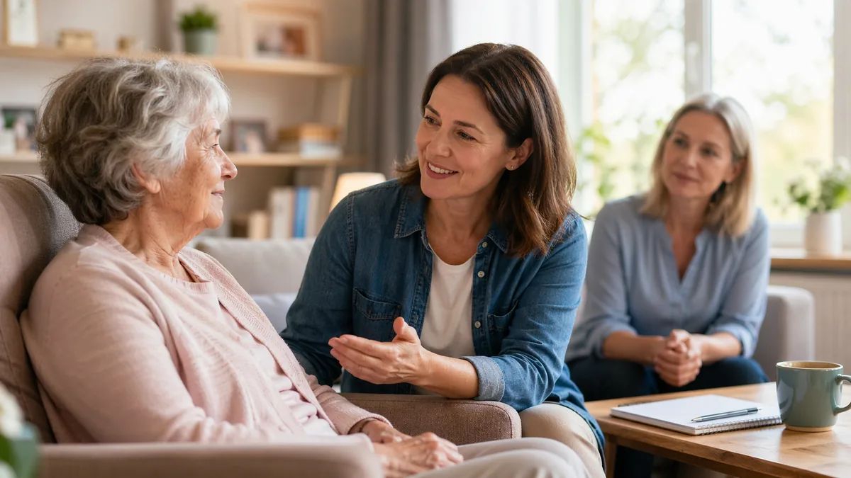 Pflegerin im Gespräch mit einer Seniorin und deren Tochter auf dem Sofa