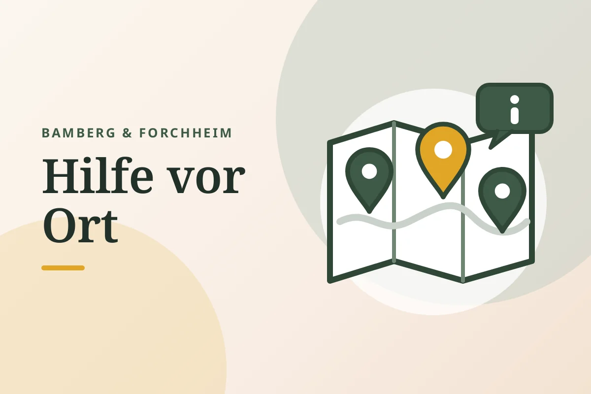 Grafik „Bamberg & Forchheim: Hilfe vor Ort“: aufgeklappte Landkarte mit drei Ortsmarken und einem Info-Zeichen