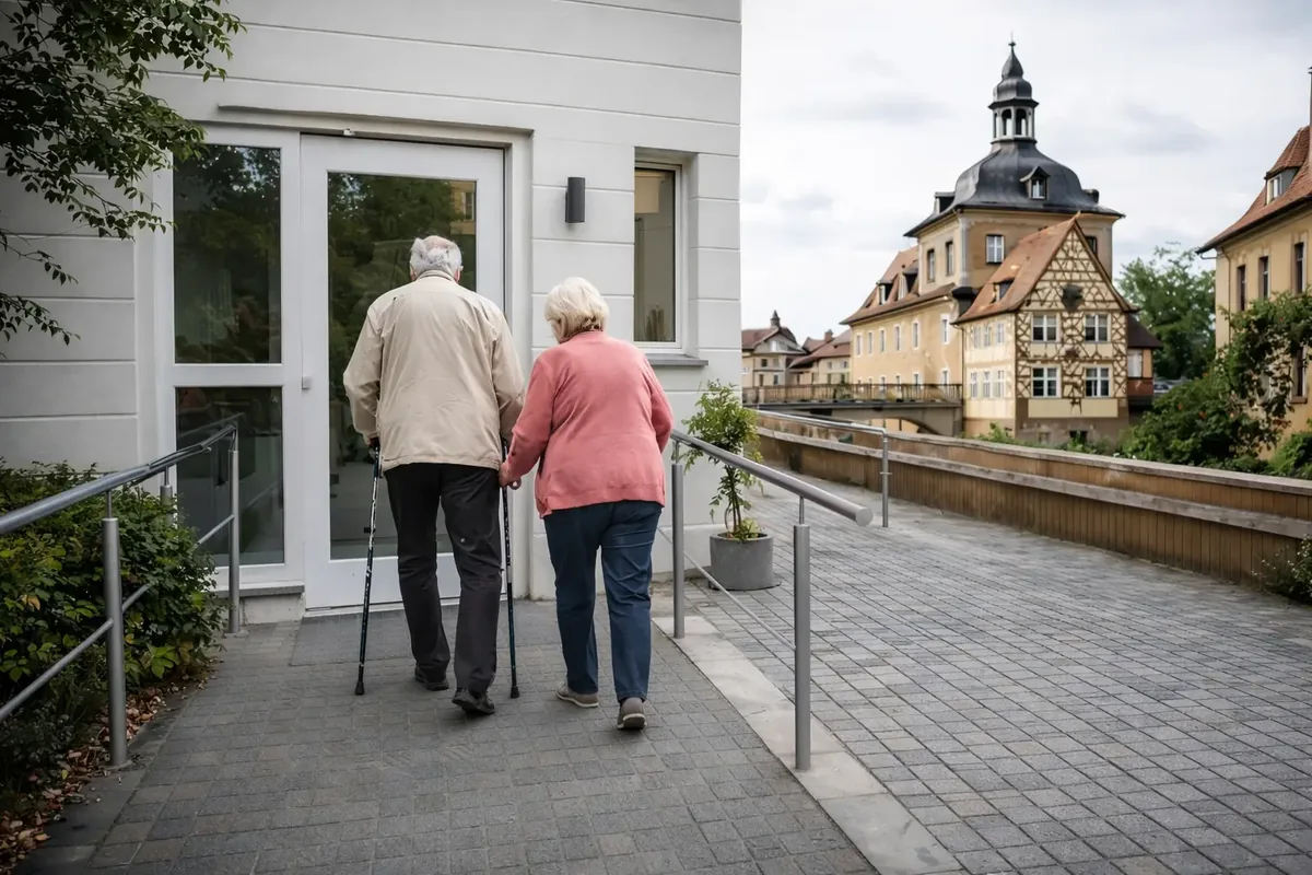 Älteres Paar geht über eine barrierefreie Rampe mit Handlauf zu einem Hauseingang in Bamberg