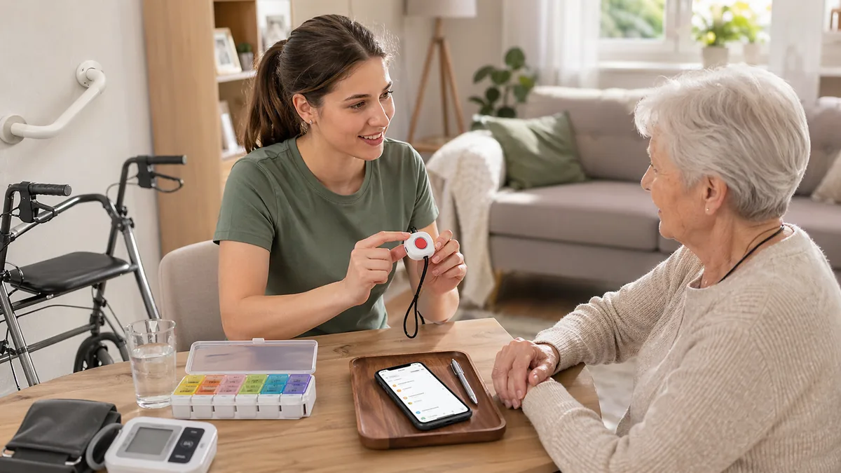 Pflegerin erklärt einer Seniorin am Tisch einen Notrufknopf, daneben Rollator, Tablettenbox und Blutdruckmessgerät