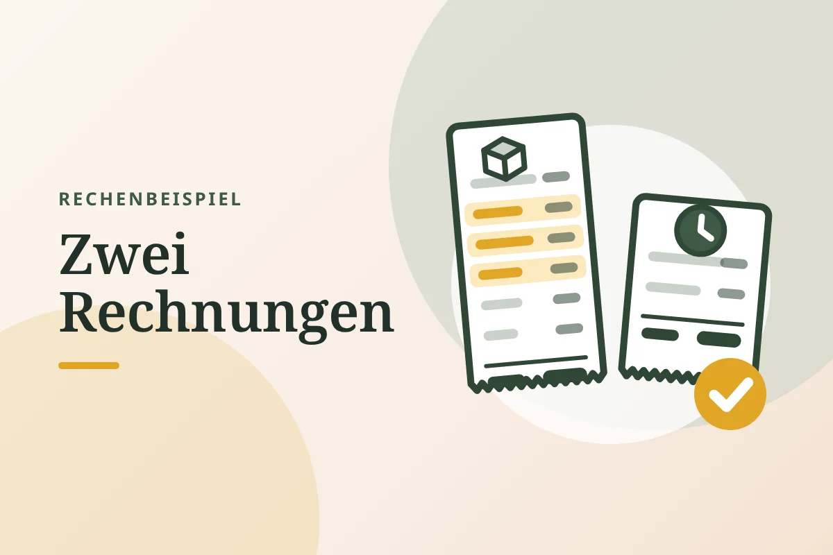 Grafik „Rechenbeispiel: Zwei Rechnungen“: zwei Kassenzettel, einer mit Paket-Symbol und markierten Posten, einer mit Uhr-Symbol und Haken