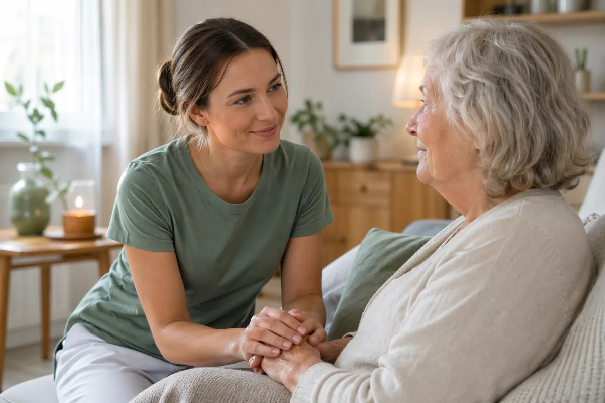 Pflegerin sitzt neben einer Seniorin auf dem Sofa und hält ihre Hände