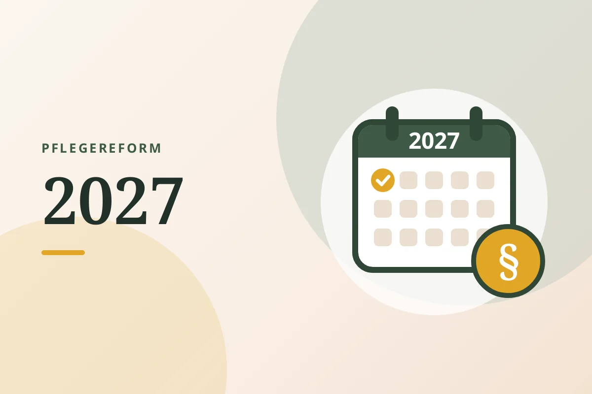 Grafik „Pflegereform 2027“: Kalenderblatt für 2027 mit abgehaktem Tag und Paragrafenzeichen