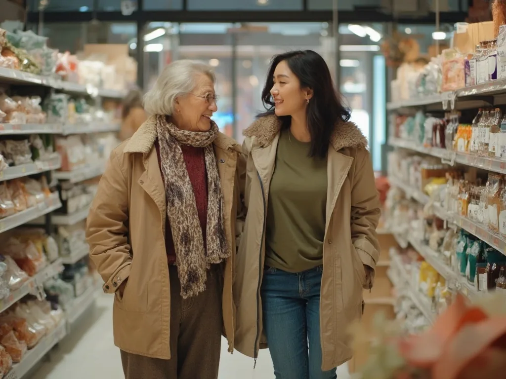 Pflegerin und Seniorin gehen gemeinsam durch die Regale eines Supermarkts