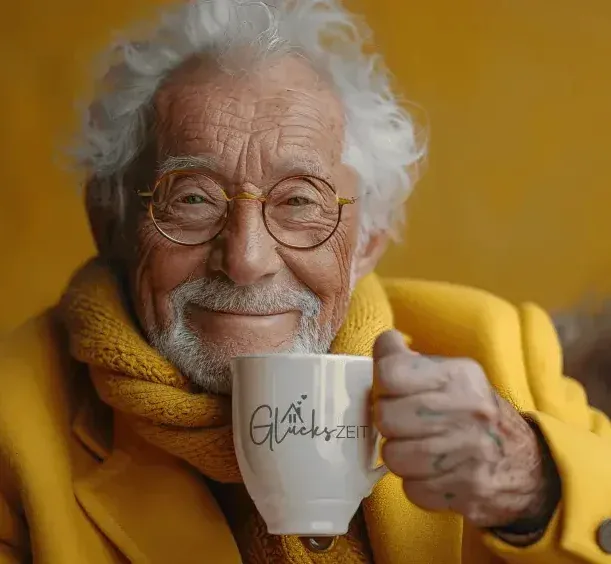Lächelnder Senior mit Brille und gelbem Schal hält eine Tasse mit Glückszeit-Logo