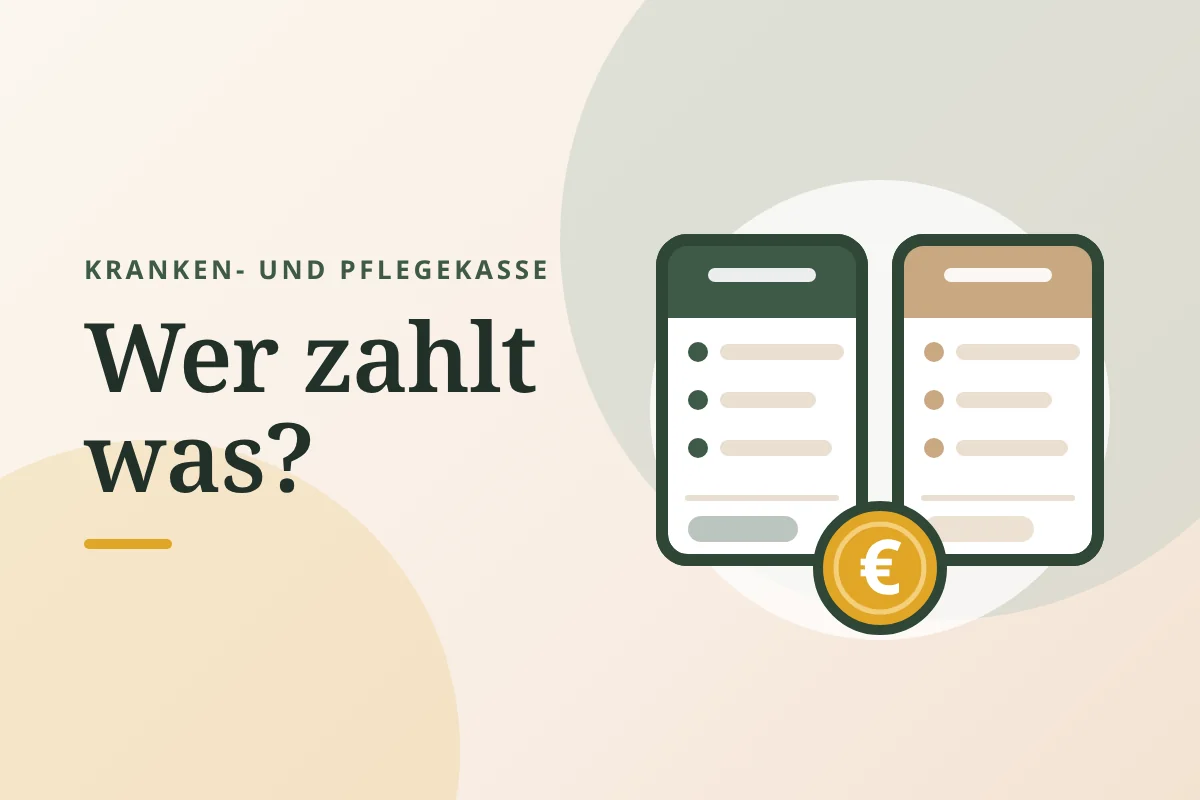 Grafik „Kranken- und Pflegekasse: Wer zahlt was?“: zwei Listen nebeneinander, eine grün, eine beige, dazwischen eine Euro-Münze