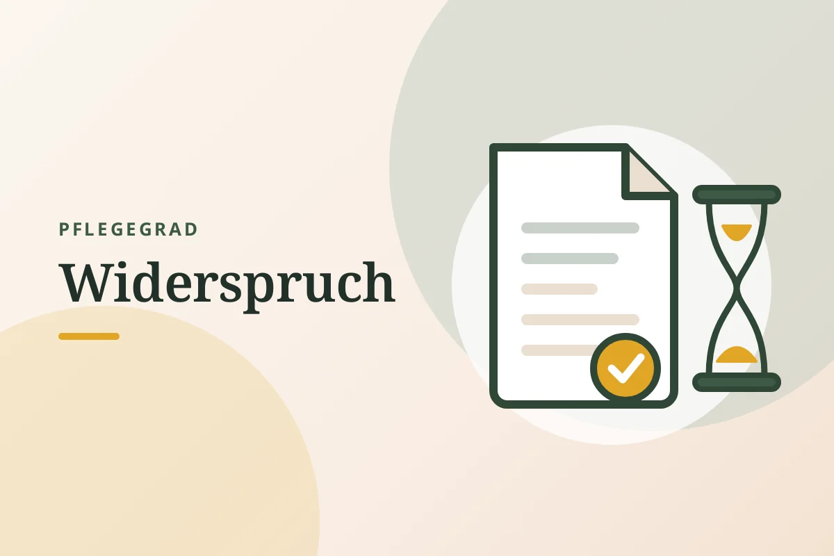 Grafik „Pflegegrad: Widerspruch“: Schreiben mit Haken-Siegel neben einer Sanduhr
