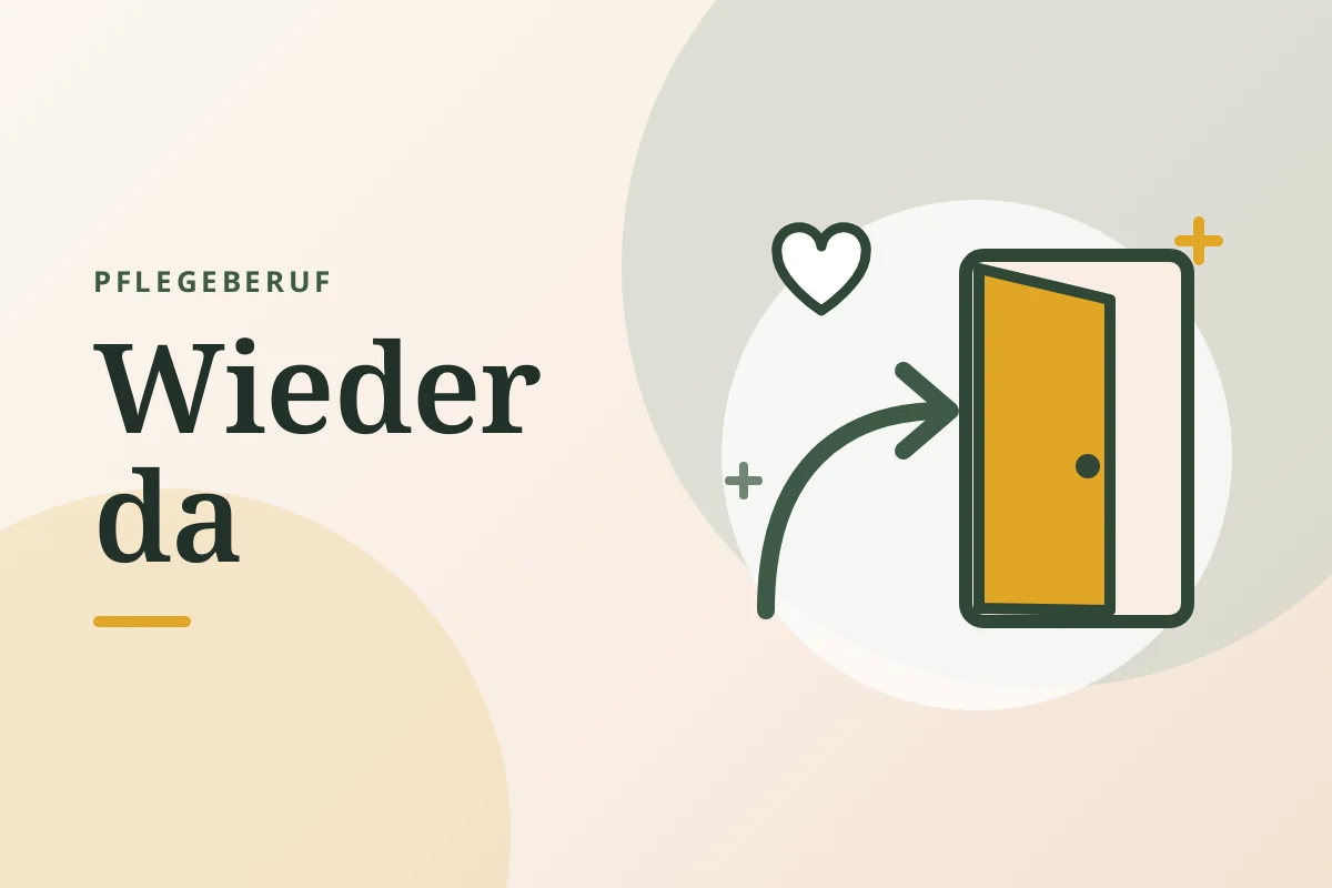 Grafik „Pflegeberuf: Wieder da“: ein Pfeil führt durch eine offene gelbe Tür, darüber ein Herz