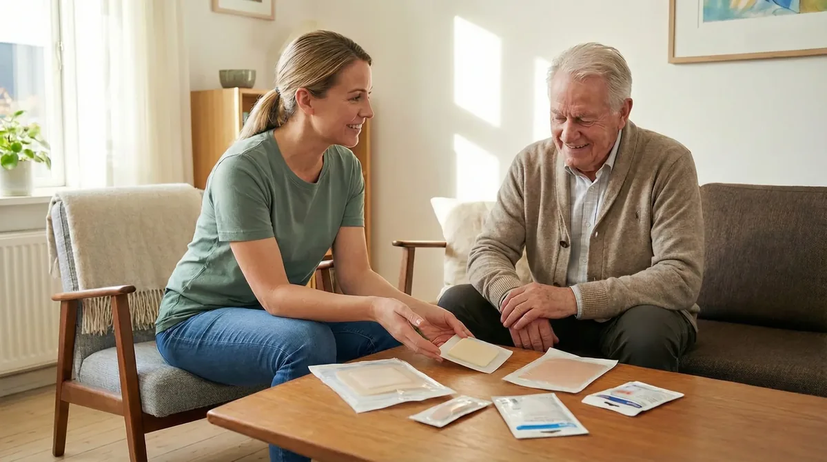 Pflegerin bespricht mit einem Senior im Wohnzimmer die Wundversorgung, auf dem Tisch liegen Wundauflagen